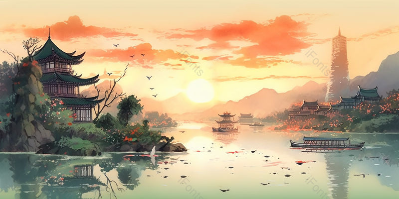杭州西湖十景雷峰湖景夕阳照背景,插画/手绘图,插画/手绘图库,插画/手绘图下载,插画/手绘